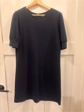 LOFT Navy Textured Puff-Sleeve Midi Dress